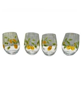 Pier 1 Hand Painted Lemon Stemless Wine Glasses Set 4 Citrus Floral Cottagecore